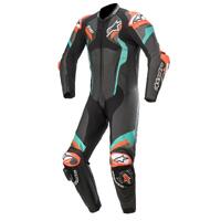 ALPINESTARS ATEM V4 LEATHER SUIT BLACK PETROL FLURO RED