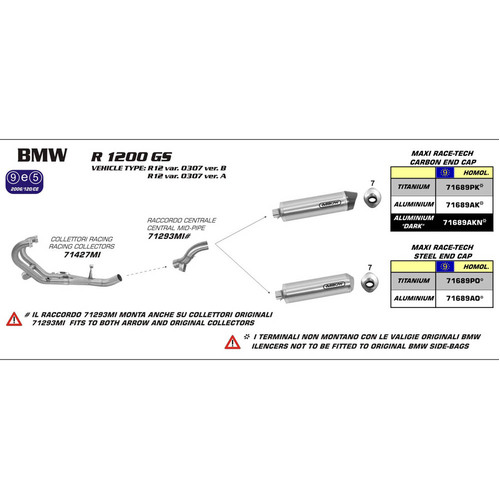 ARROW LINK PIPE - STAINLESS FOR MAXI RACE-TECH SILENCERS - BMW 1200 GS/GS ADVENTURE '04-05