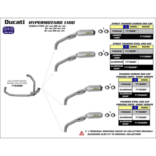 ARROW SILENCER SET - THUNDER SHORT ALUMINIUM DARK - DUCATI HYPERMOTARD 1100 '07-12