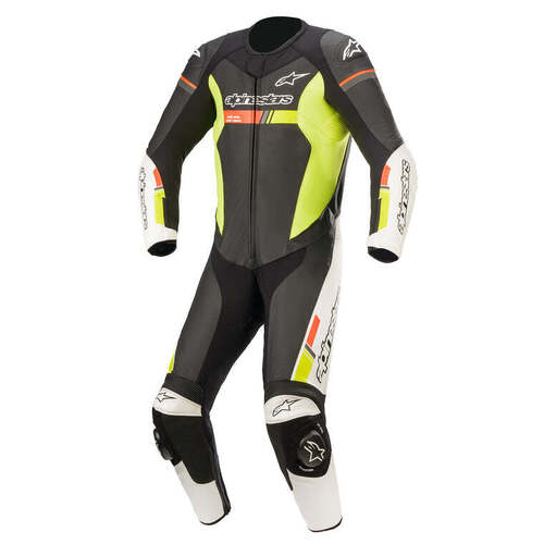 ALPINESTARS GP FORCE CHASER LEATHER SUIT BLACK WHITE FLURO RED FLURO YELLOW 48