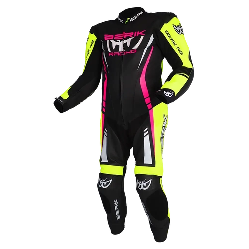 BERIK SICILY LEATHER RACE SUIT BLACK HI VIZ PINK 52