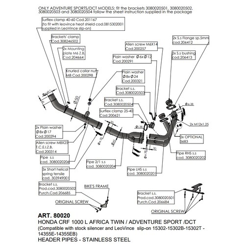 LEO VINCE HEAD PIPES STAINLESS CRF 1100 L AF TWIN / ADV SPRT/DCT '20> (orig. & LV exhaust) (orig. cntr stand & pann)