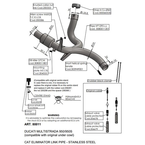 LEO VINCE LINK PIPE (CAT ELIM.) STAINLESS M'STRADA 950/S '17-20 (Comp w orig. muffler, pann, under cowl)
